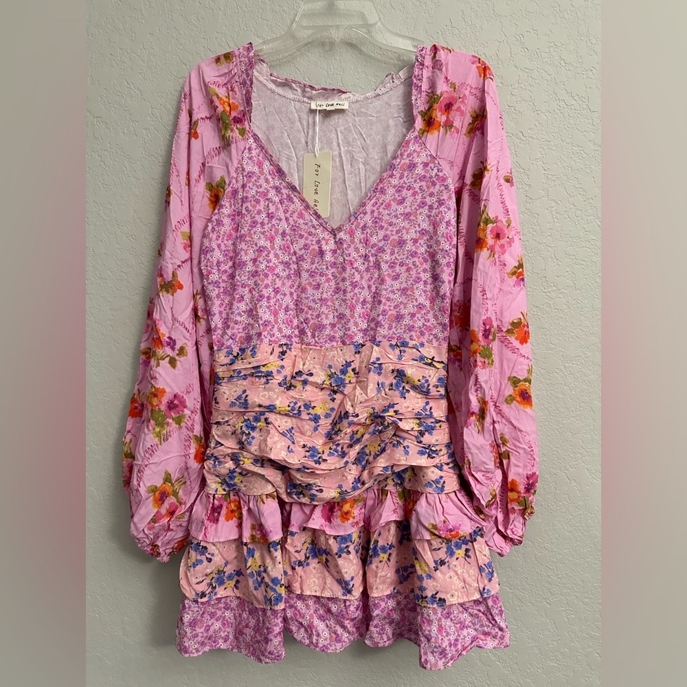 For Love Bell Pink Floral Ruffled V-Neck Long Sleeve Mini Dress Size Medium